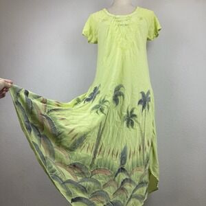 Sakkas Embroidered Green Sleeveless Dress Beachy Tropical 100% Rayon Slip Dress
